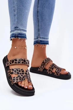 Clearance Buty damskie Vinceza Klapki Damskie Z Rzepem Vinceza 17401 Panterka Brązowy