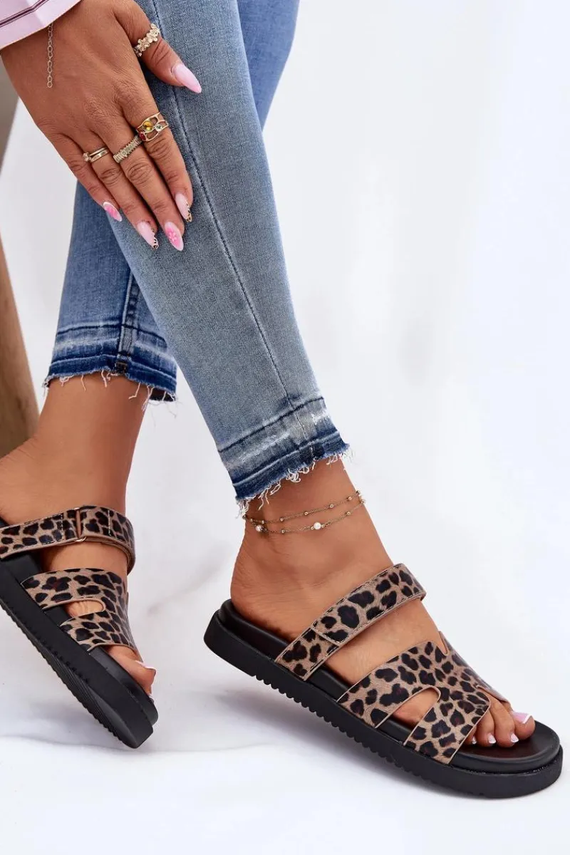 Clearance Buty damskie Vinceza Klapki Damskie Z Rzepem Vinceza 17401 Panterka Brązowy