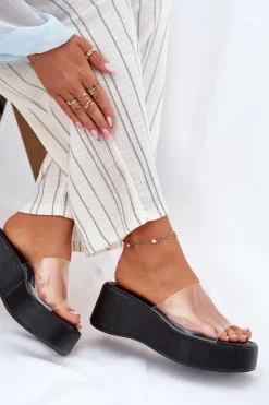 New Boto Klapki Damskie Z Transparentnym Paskiem Na Koturnie Czarne Meltiana Czarny