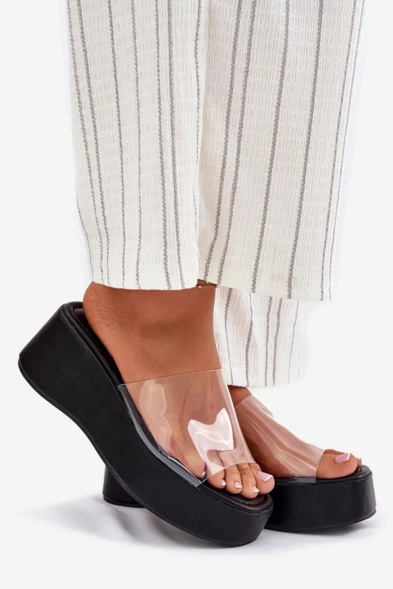 New Boto Klapki Damskie Z Transparentnym Paskiem Na Koturnie Czarne Meltiana Czarny