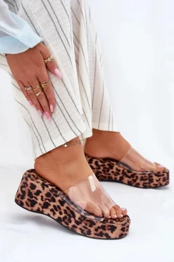 Outlet Klapki Damskie Z Transparentnym Paskiem Na Koturnie Panterka Meltiana Damskie Klapki Na Koturnie|Klapki Na Platformie