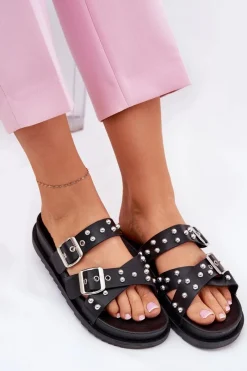 Klapki Damskie Z Ćwiekami I Klamrami Czarne Tesiolle Damskie Klapki Na Platformie|Klapki Damskie Klasyczne