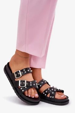 Klapki Damskie Z Ćwiekami I Klamrami Czarne Tesiolle Damskie Klapki Na Platformie|Klapki Damskie Klasyczne