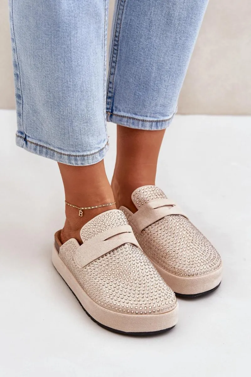 Outlet Boto Klapki Damskie Zdobione Cyrkoniami Na Platformie Beżowe Deorani Beżowy