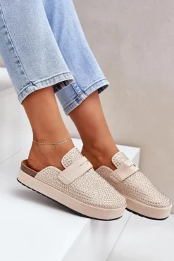 Outlet Boto Klapki Damskie Zdobione Cyrkoniami Na Platformie Beżowe Deorani Beżowy