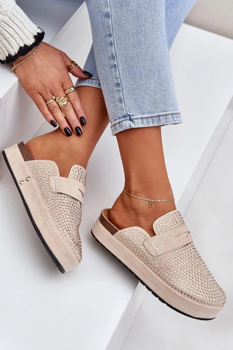 Outlet Boto Klapki Damskie Zdobione Cyrkoniami Na Platformie Beżowe Deorani Beżowy