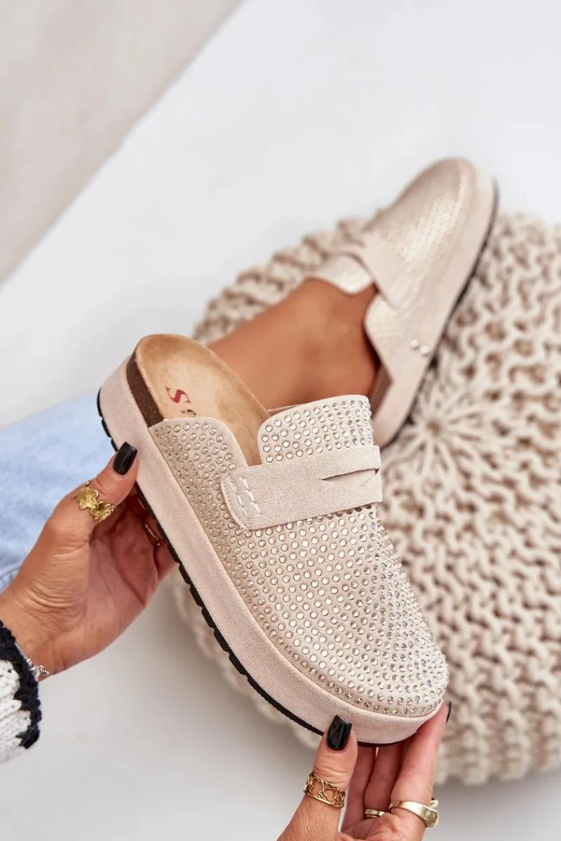 Outlet Boto Klapki Damskie Zdobione Cyrkoniami Na Platformie Beżowe Deorani Beżowy