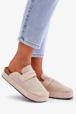 Outlet Boto Klapki Damskie Zdobione Cyrkoniami Na Platformie Beżowe Deorani Beżowy