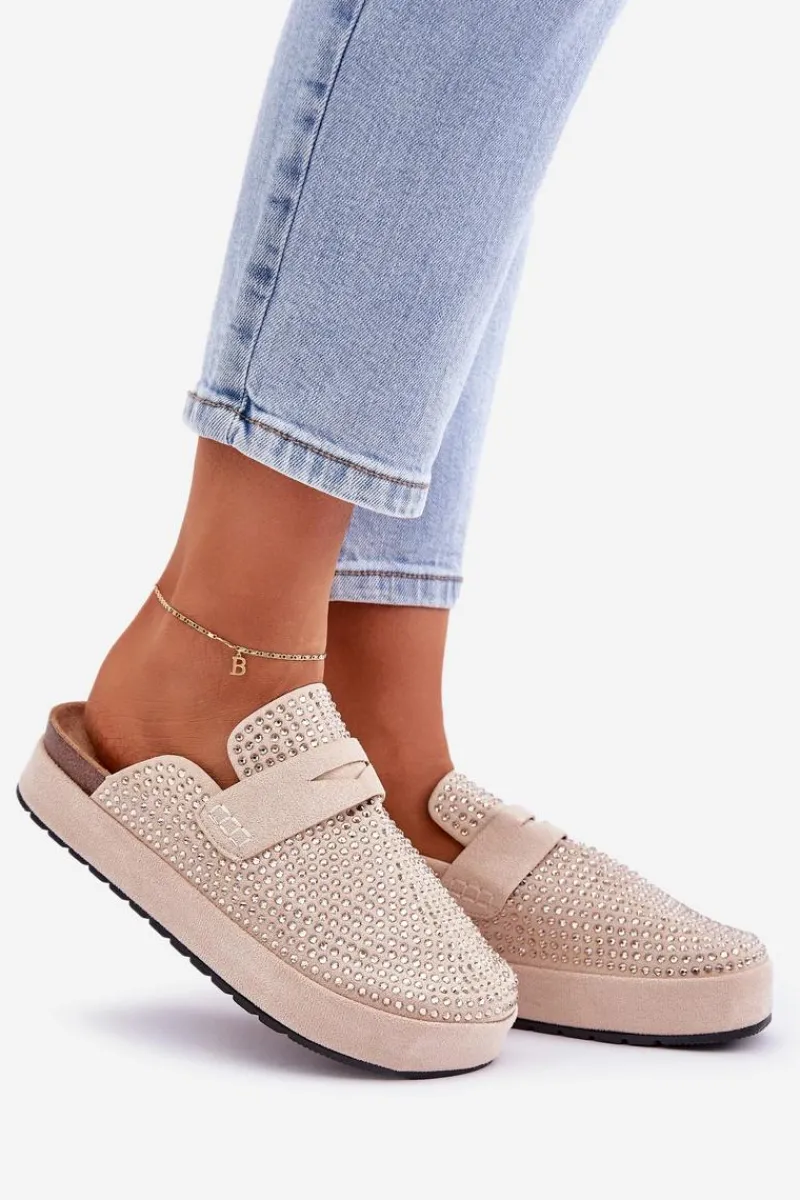 Outlet Boto Klapki Damskie Zdobione Cyrkoniami Na Platformie Beżowe Deorani Beżowy