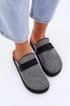 Hot Klapki Damskie Zdobione Cyrkoniami Na Platformie Czarne Deorani Damskie Klapki Na Platformie|Klapki Damskie Klasyczne