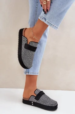 Hot Klapki Damskie Zdobione Cyrkoniami Na Platformie Czarne Deorani Damskie Klapki Na Platformie|Klapki Damskie Klasyczne