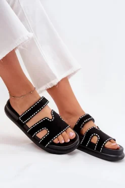 Boto Klapki Damskie Ze Zdobieniem Na Platformie Czarne Delyna Czarny