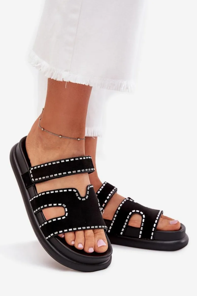 Boto Klapki Damskie Ze Zdobieniem Na Platformie Czarne Delyna Czarny