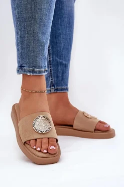 Klapki Na Platformie|Klapki Damskie Klasyczne>Boto Klapki Damskie Ze Złotą Ozdobą Beżowe Kaliora