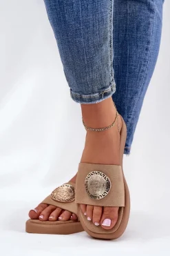 Klapki Na Platformie|Klapki Damskie Klasyczne>Boto Klapki Damskie Ze Złotą Ozdobą Beżowe Kaliora