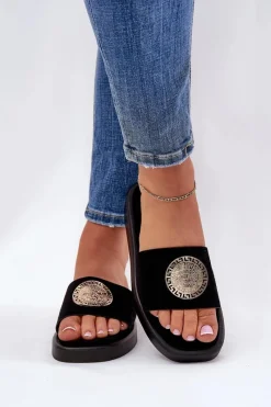 Discount Klapki Damskie Ze Złotą Ozdobą Czarne Kaliora Damskie Klapki Na Platformie|Klapki Damskie Klasyczne