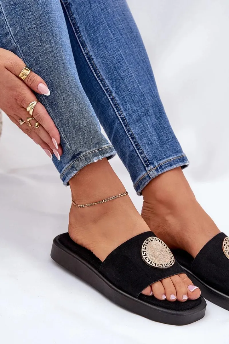 Discount Klapki Damskie Ze Złotą Ozdobą Czarne Kaliora Damskie Klapki Na Platformie|Klapki Damskie Klasyczne