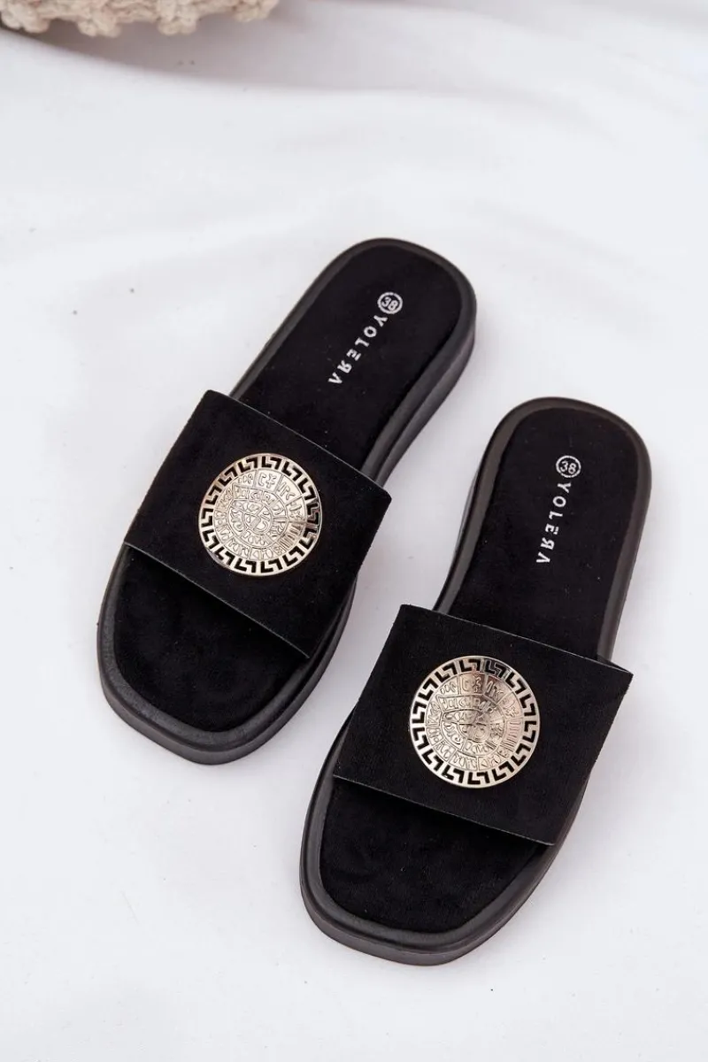 Discount Klapki Damskie Ze Złotą Ozdobą Czarne Kaliora Damskie Klapki Na Platformie|Klapki Damskie Klasyczne