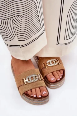 Discount Klapki Damskie Ze Złotym Detalem Na Platformie Z Brokatem Camel Eanes Damskie Klapki Korkowe|Klapki Na Platformie