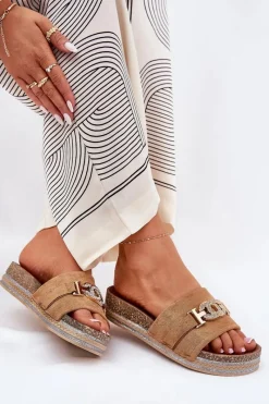 Discount Klapki Damskie Ze Złotym Detalem Na Platformie Z Brokatem Camel Eanes Damskie Klapki Korkowe|Klapki Na Platformie