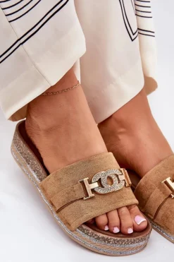 Discount Klapki Damskie Ze Złotym Detalem Na Platformie Z Brokatem Camel Eanes Damskie Klapki Korkowe|Klapki Na Platformie