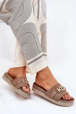 New Boto Klapki Damskie Ze Złotym Detalem Na Platformie Z Brokatem Khaki Eanes