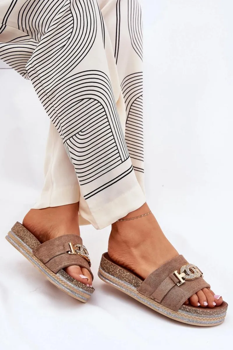 New Boto Klapki Damskie Ze Złotym Detalem Na Platformie Z Brokatem Khaki Eanes