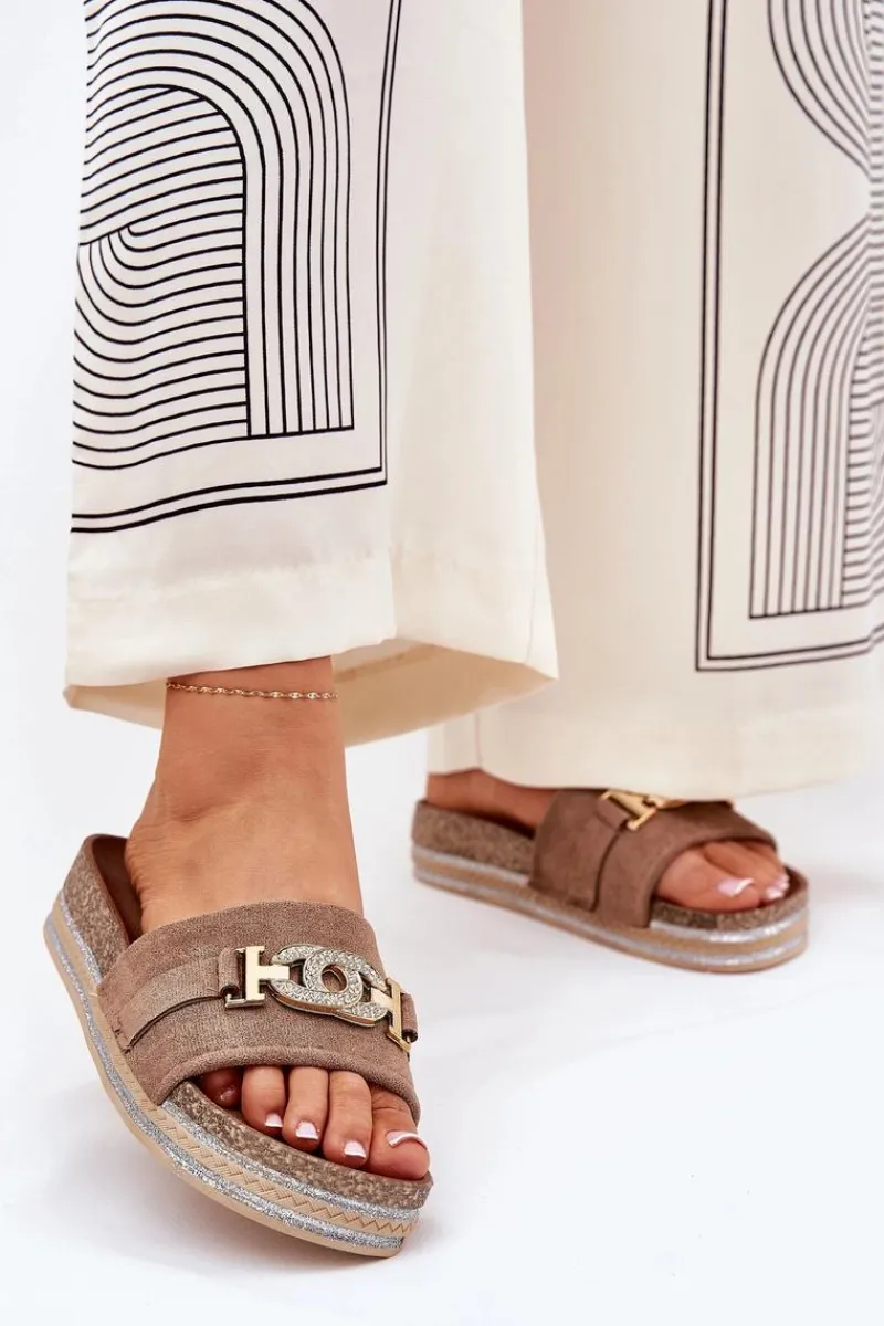 New Boto Klapki Damskie Ze Złotym Detalem Na Platformie Z Brokatem Khaki Eanes