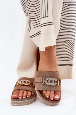 New Boto Klapki Damskie Ze Złotym Detalem Na Platformie Z Brokatem Khaki Eanes