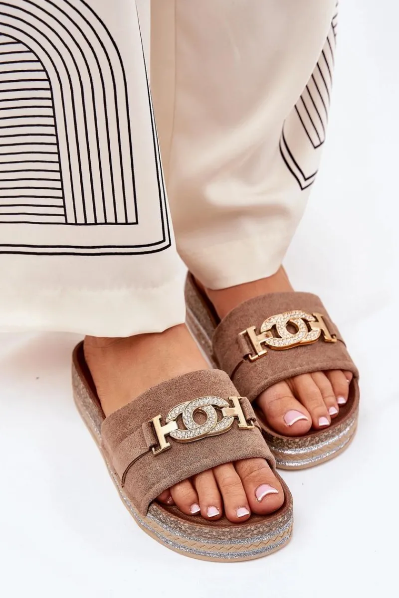 New Boto Klapki Damskie Ze Złotym Detalem Na Platformie Z Brokatem Khaki Eanes