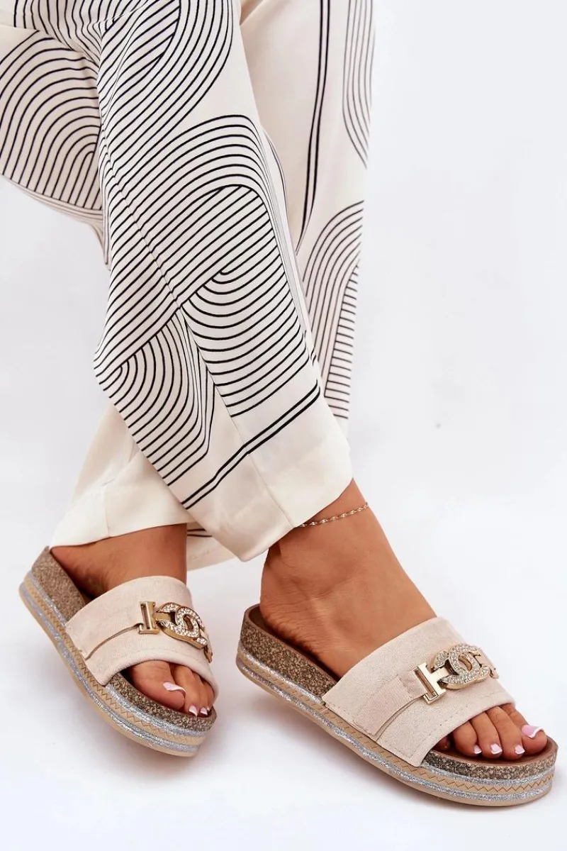 Hot Klapki Damskie Ze Złotym Detalem Na Platformie Z Brokatem Beżowe Eanes Damskie Klapki Korkowe|Klapki Na Platformie