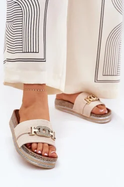 Hot Klapki Damskie Ze Złotym Detalem Na Platformie Z Brokatem Beżowe Eanes Damskie Klapki Korkowe|Klapki Na Platformie