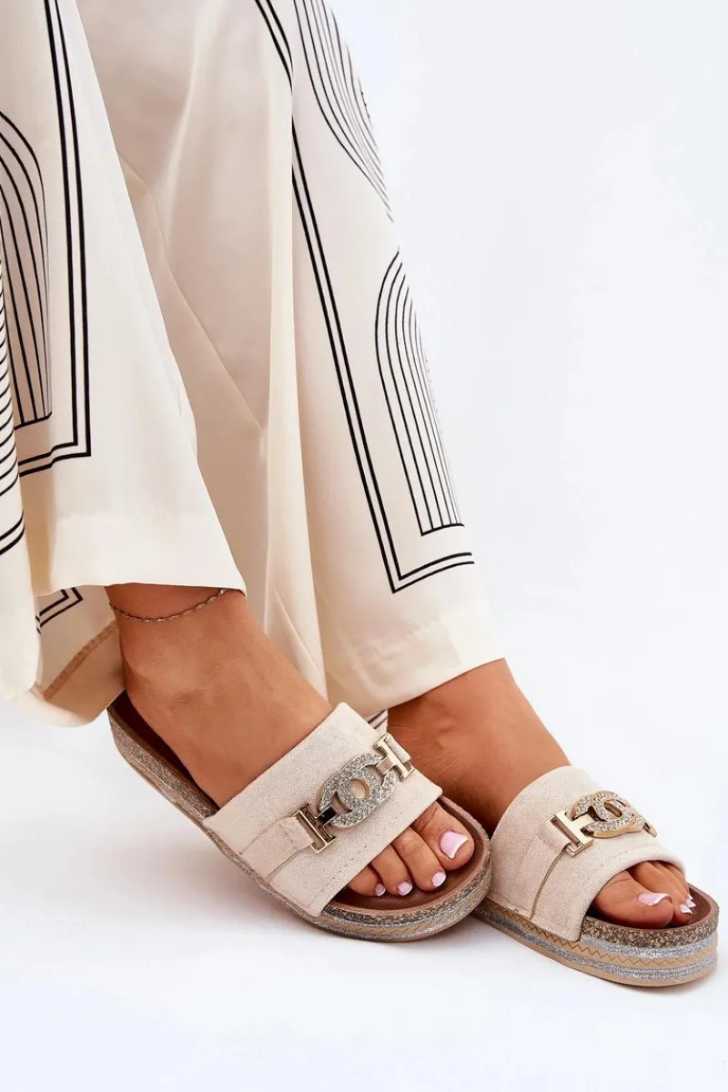 Hot Klapki Damskie Ze Złotym Detalem Na Platformie Z Brokatem Beżowe Eanes Damskie Klapki Korkowe|Klapki Na Platformie