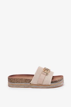 Hot Klapki Damskie Ze Złotym Detalem Na Platformie Z Brokatem Beżowe Eanes Damskie Klapki Korkowe|Klapki Na Platformie