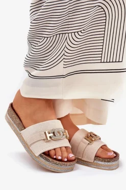 Hot Klapki Damskie Ze Złotym Detalem Na Platformie Z Brokatem Beżowe Eanes Damskie Klapki Korkowe|Klapki Na Platformie