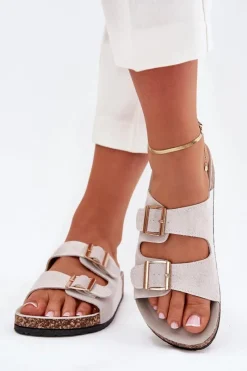 Best Boto Klapki Damskie Ze Złotymi Klamrami I Przeszyciami Szare Lunera Szary