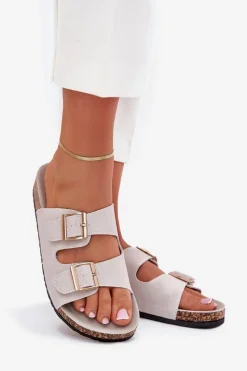 Best Boto Klapki Damskie Ze Złotymi Klamrami I Przeszyciami Szare Lunera Szary