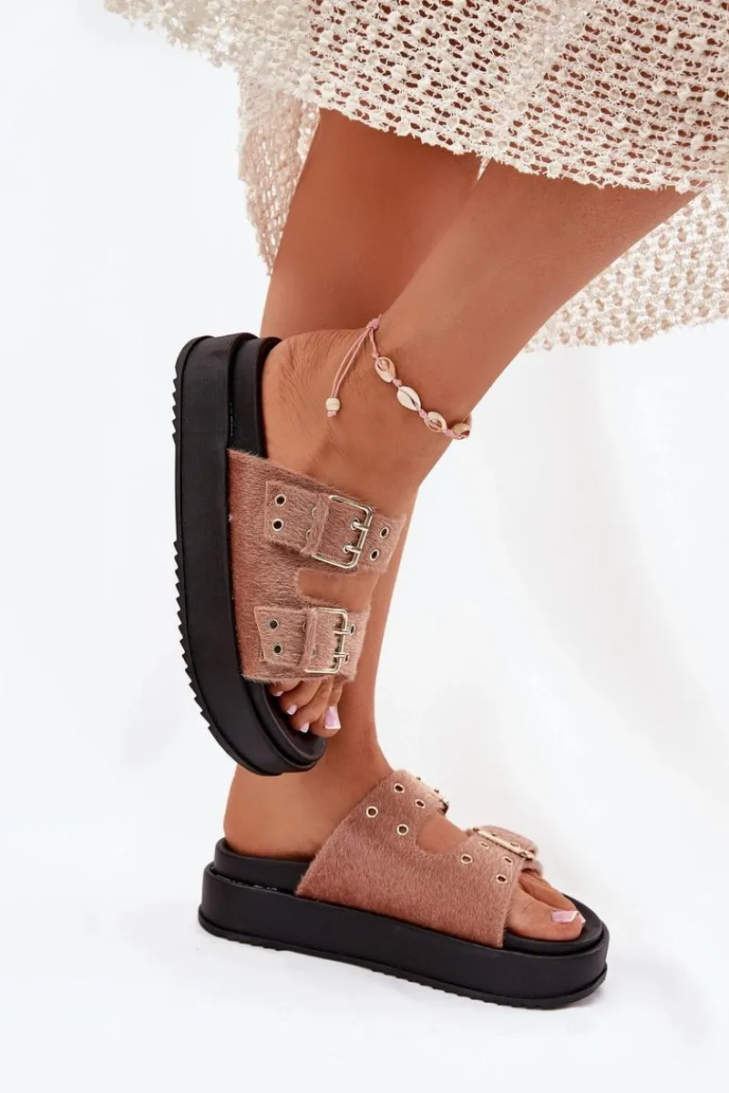 Sale Boto Klapki Damskie Ze Złotymi Klamrami Na Platformie Beżowe Virvania Beżowy