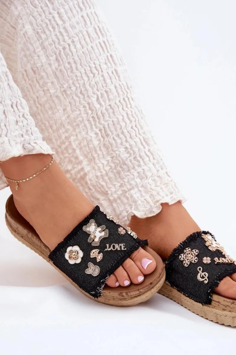 Hot Klapki Damskie Ze Złotymi Przypinkami Na Platformie Czarne Rigasta Damskie Klapki Na Platformie|Klapki Damskie Klasyczne