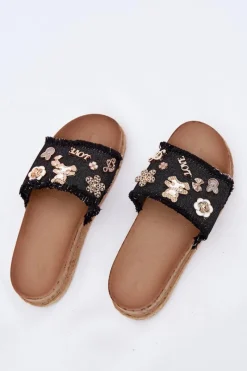 Hot Klapki Damskie Ze Złotymi Przypinkami Na Platformie Czarne Rigasta Damskie Klapki Na Platformie|Klapki Damskie Klasyczne