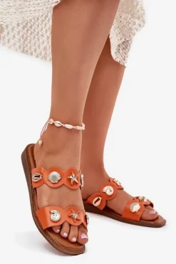 Klapki Damskie Klasyczne>Boto Klapki Damskie Ze Złotymi Przypinkami Pomarańczowe Jenoriela Pomarańczowy