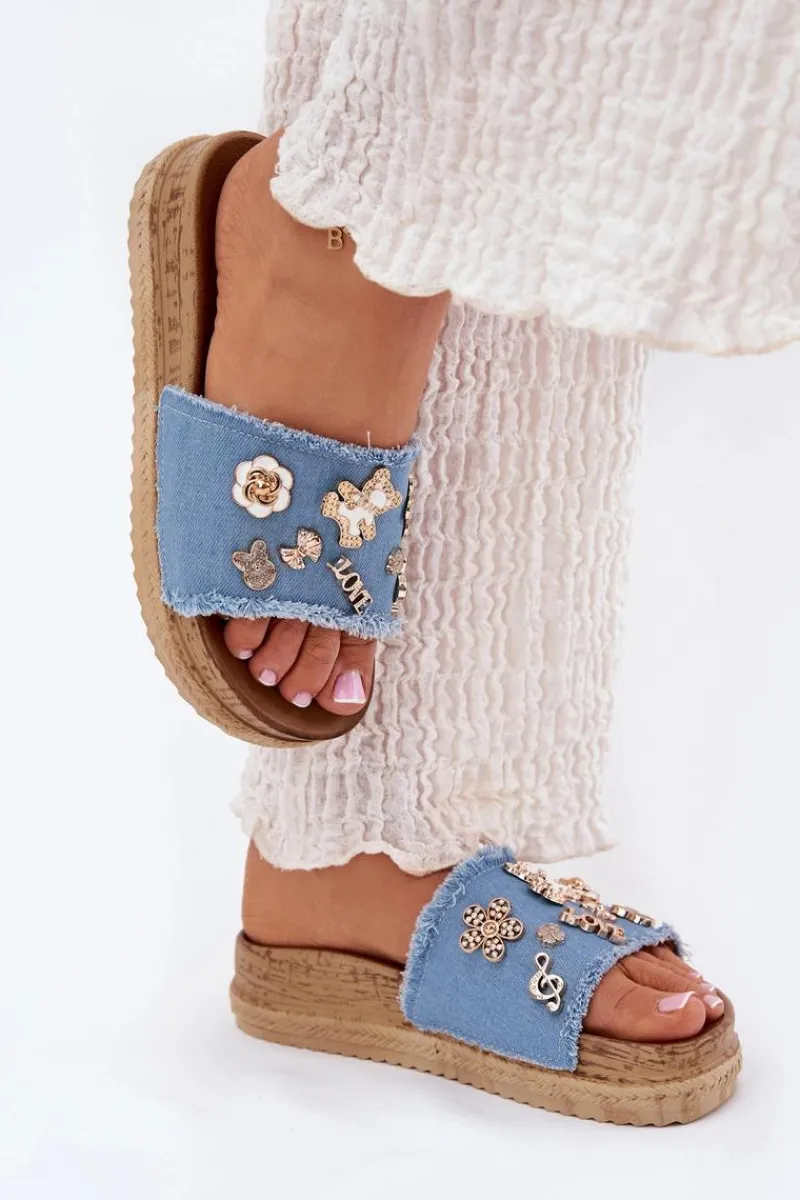 Clearance Klapki Damskie Ze Złotymi Przypinkami Na Platformie Niebieskie Rigasta Damskie Klapki Na Platformie|Klapki Damskie Klasyczne