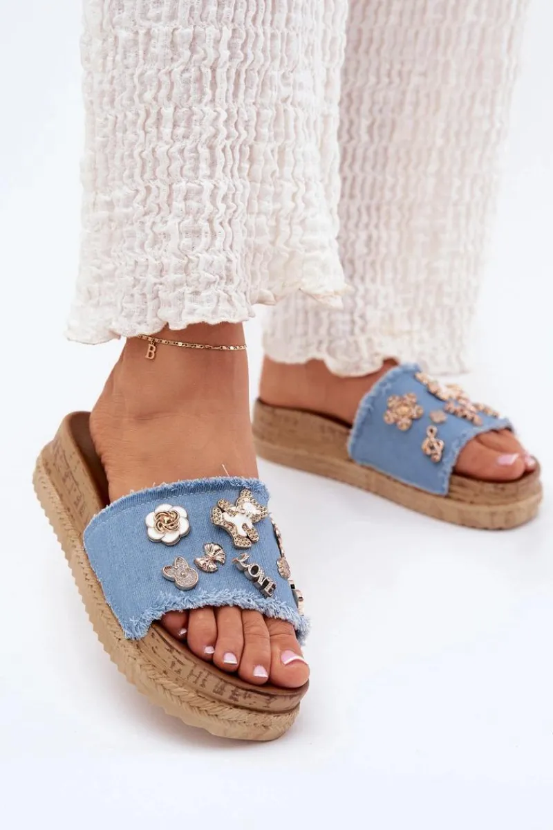 Clearance Klapki Damskie Ze Złotymi Przypinkami Na Platformie Niebieskie Rigasta Damskie Klapki Na Platformie|Klapki Damskie Klasyczne