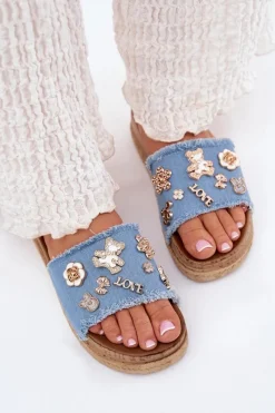 Clearance Klapki Damskie Ze Złotymi Przypinkami Na Platformie Niebieskie Rigasta Damskie Klapki Na Platformie|Klapki Damskie Klasyczne