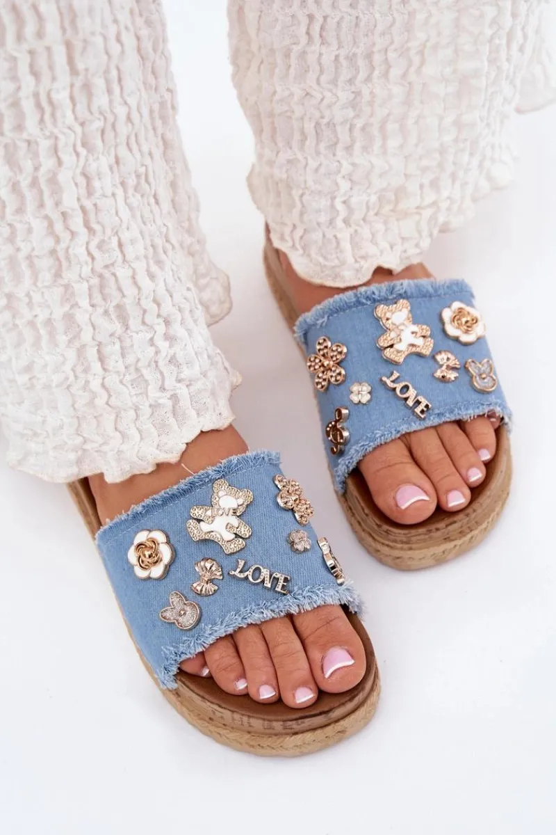 Clearance Klapki Damskie Ze Złotymi Przypinkami Na Platformie Niebieskie Rigasta Damskie Klapki Na Platformie|Klapki Damskie Klasyczne