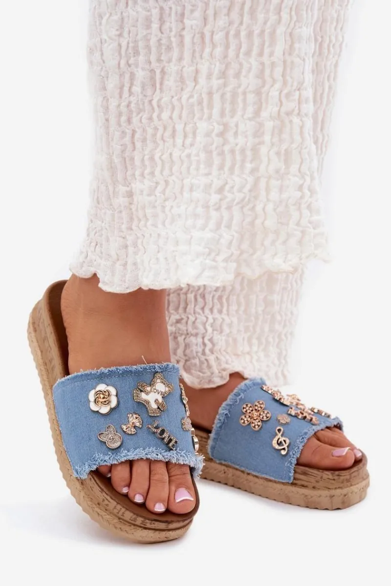 Clearance Klapki Damskie Ze Złotymi Przypinkami Na Platformie Niebieskie Rigasta Damskie Klapki Na Platformie|Klapki Damskie Klasyczne