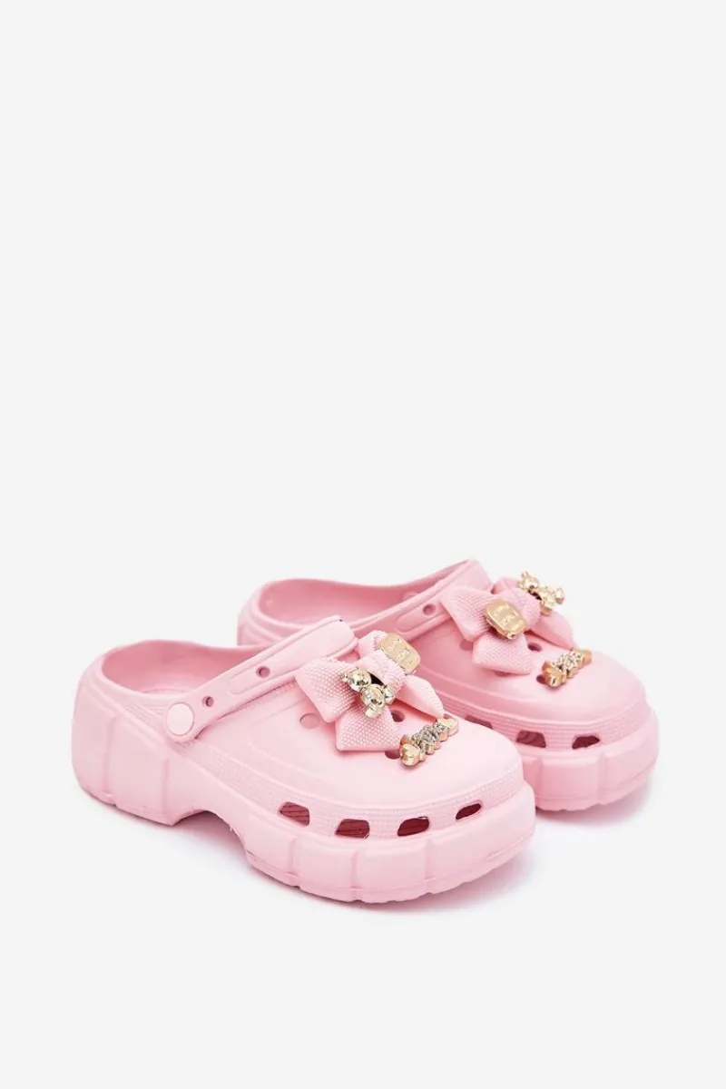 Clearance Klapki Dziecięce Dziewczęce Piankowe Z Kokardką I Ozdobami Różowe Selvana Dzieci Dziewczęce