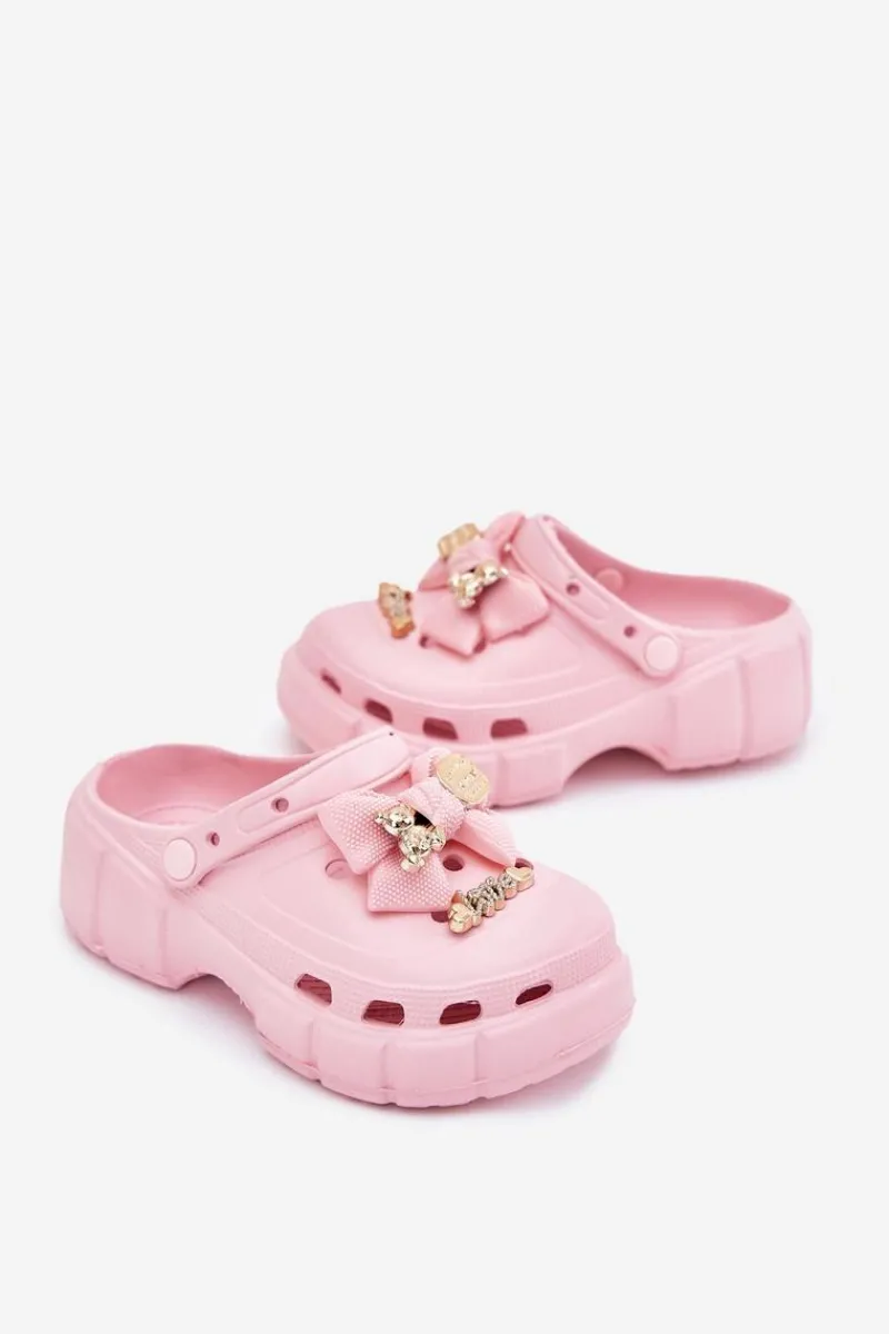 Clearance Klapki Dziecięce Dziewczęce Piankowe Z Kokardką I Ozdobami Różowe Selvana Dzieci Dziewczęce