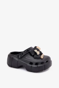 Boto Klapki Dziecięce Dziewczęce Piankowe Z Kokardką I Ozdobami Czarne Selvana Czarny