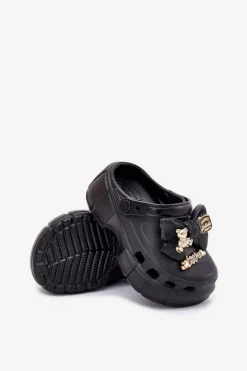 Boto Klapki Dziecięce Dziewczęce Piankowe Z Kokardką I Ozdobami Czarne Selvana Czarny